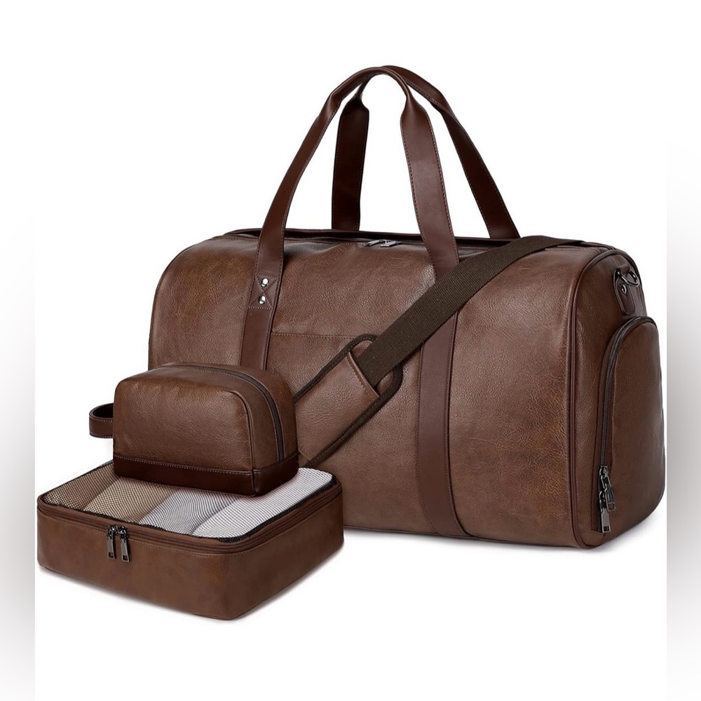 NWT Wogarl Faux Leather Weekender Duffle Bag 3 Pcs Travel,Laptop,Carry On,Coffee